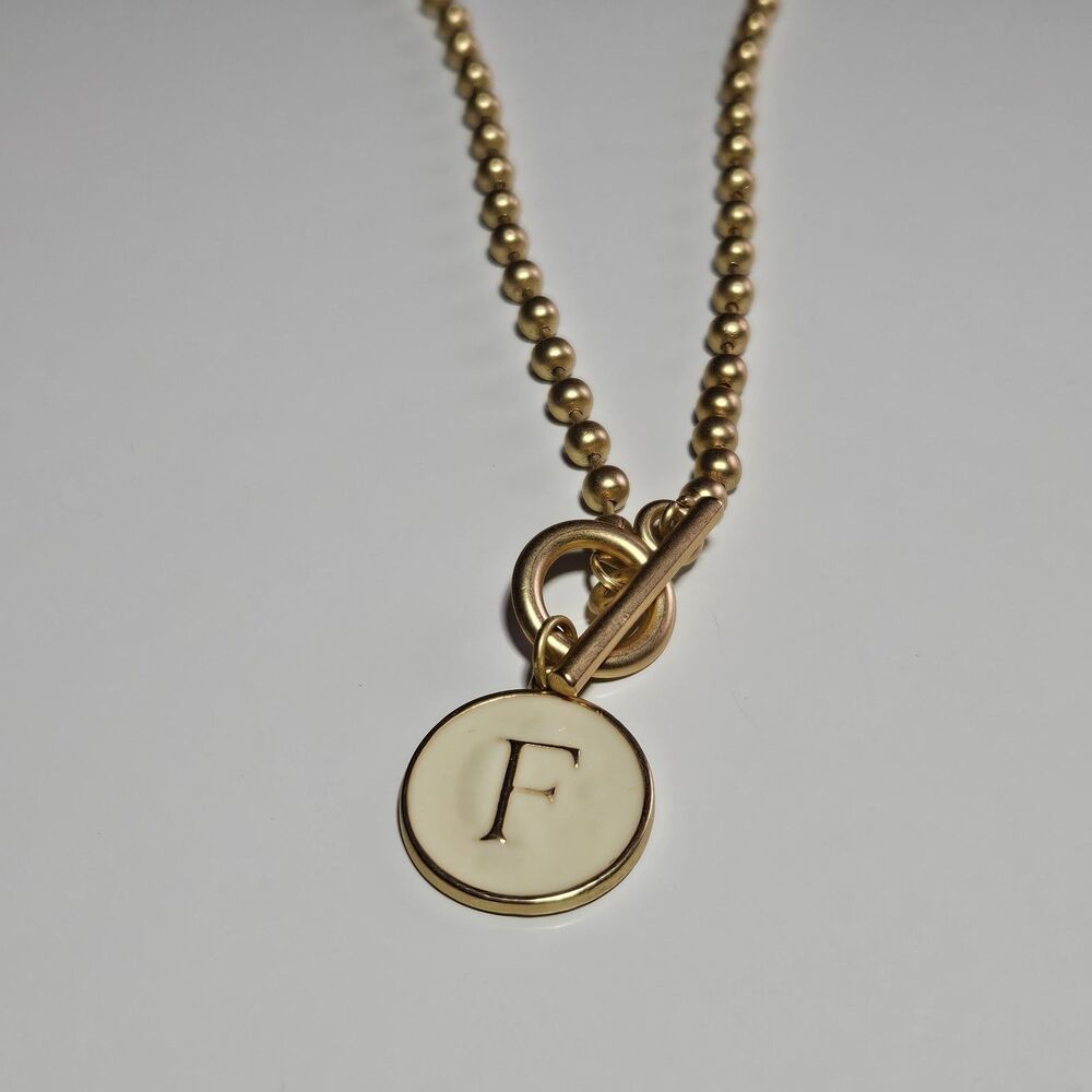 Jane Marie Gold Tone Initial F Pendant Ball Bead Toggle Necklace 15"